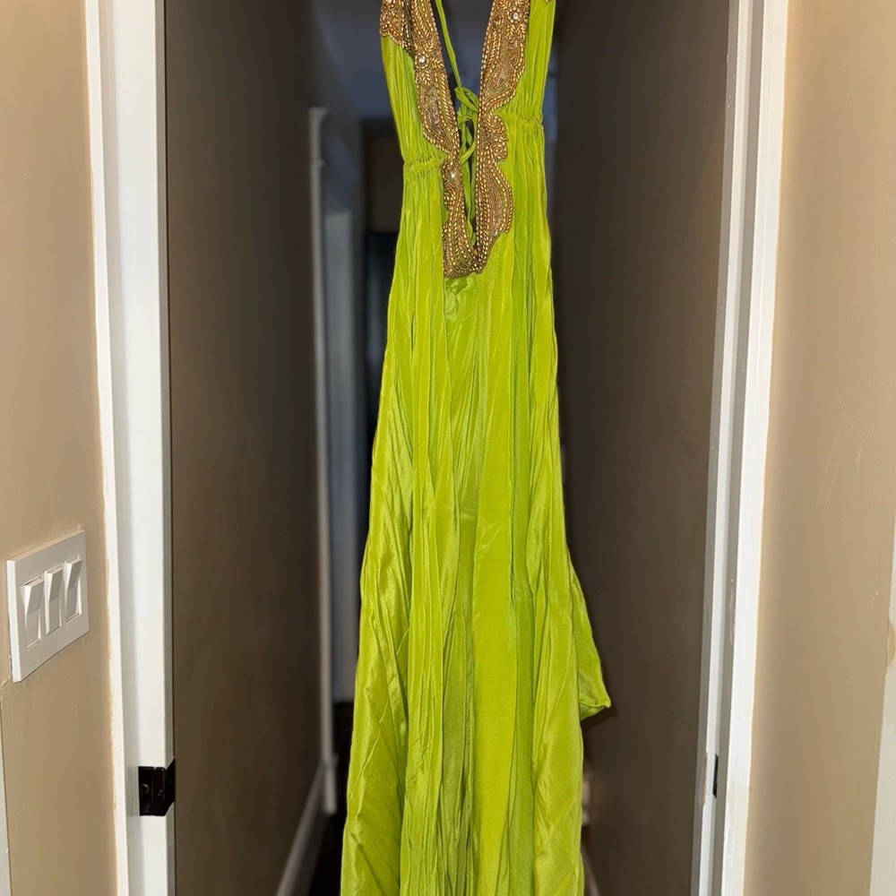 Distrito Tulum Boutique  Green Evening Gown open back - hand sewn jewels appliqu